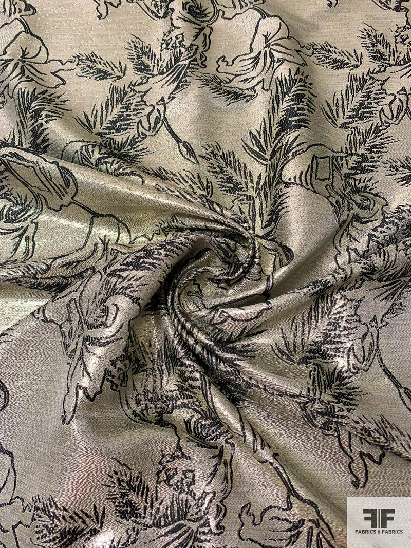 Italian Prabal Gurung Leaf and Floral Jacquard Lamé Novelty - Silver / Black