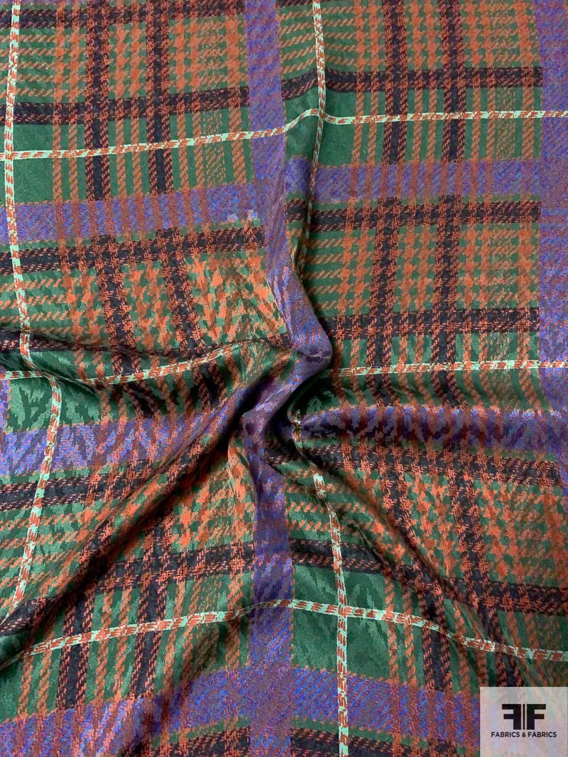 Italian Glen Plaid Printed Silk Jacquard - Hunter Green / Rust / Blue