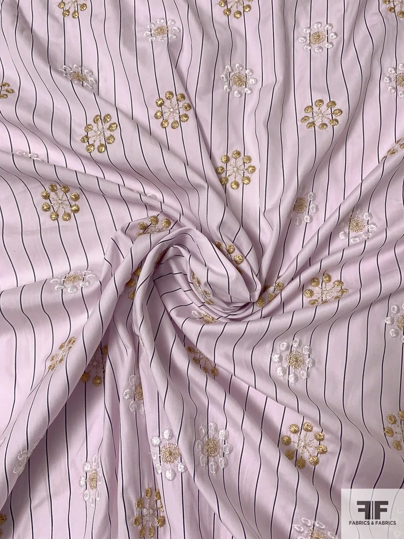 Floral Snowflake Embroidered Striped Cotton Shirting - Pale Lavender / Grape / Gold / White