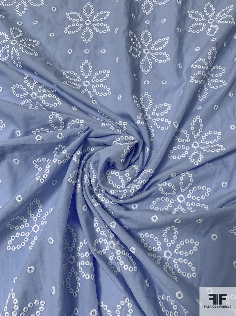 Floral Snowflake Embroidered Cotton Shirting - Pale Cornflower Blue / White