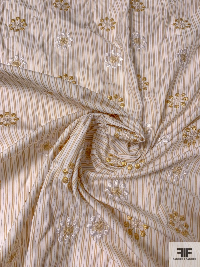 Floral Snowflake Embroidered Striped Cotton Shirting - Tan / Gold / Off-White