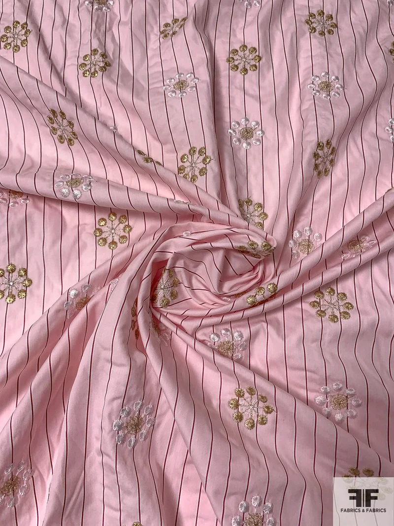 Floral Snowflake Embroidered Striped Cotton Shirting - Soft Pink / Gold / White / Dusty Rose