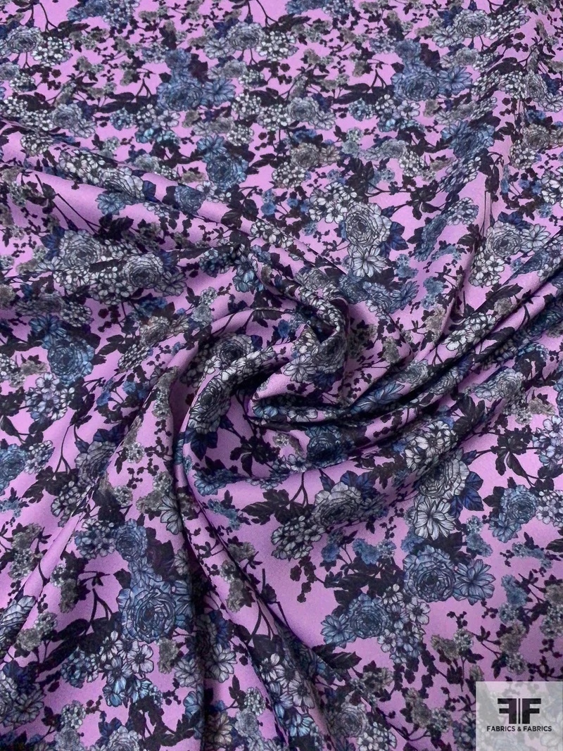 Famous NYC Designer Floral Shrubs Printed Polyester Crepe - Orchid / Navy / Periwinkle