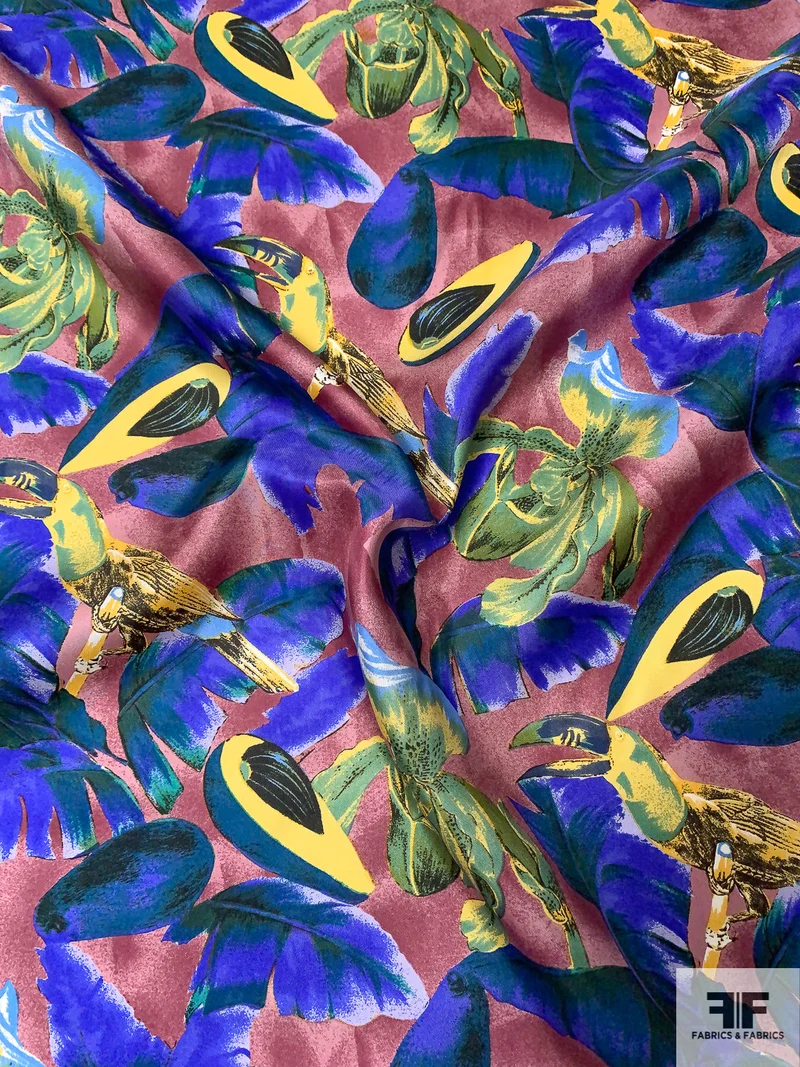 Italian Tropical Parrots and Avocados Printed Fine Silk Twill - Electric Indigo / Yellow / Lime / Dusty Rose