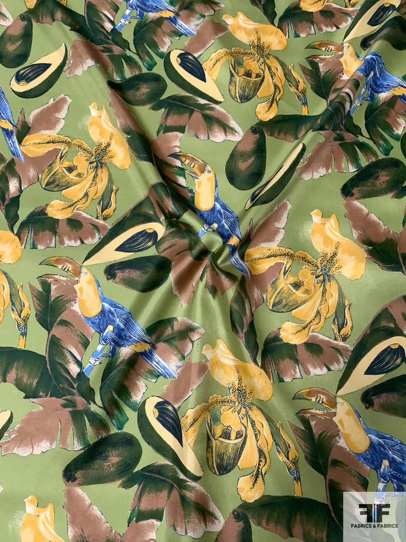 Italian Tropical Parrots and Avocados Printed Fine Silk Twill - Lime / Forest Green / Yellow / Tan