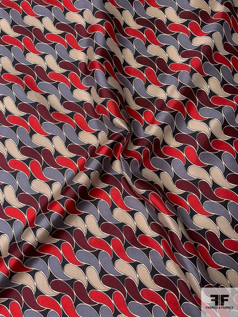 Italian Field of Teardrops Printed Fine Silk Twill - Red / Maroon / Beige / Black