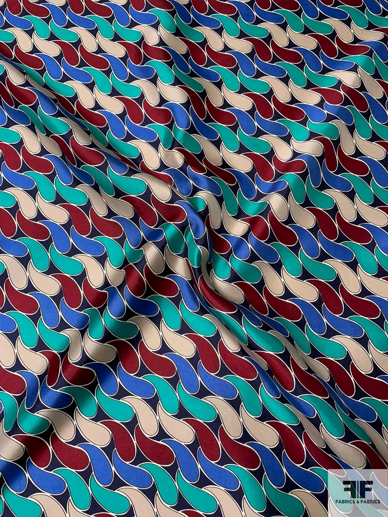 Italian Field of Teardrops Printed Fine Silk Twill - Turquoise / Blue / Burgundy / Beige