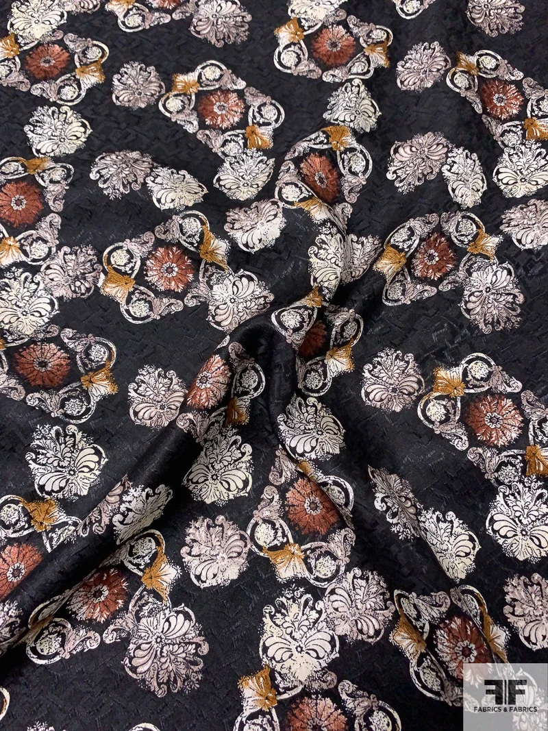 Ornate Floral Printed Vintage Silk Jacquard - Black / Brown / Antique Mustard / Off-White