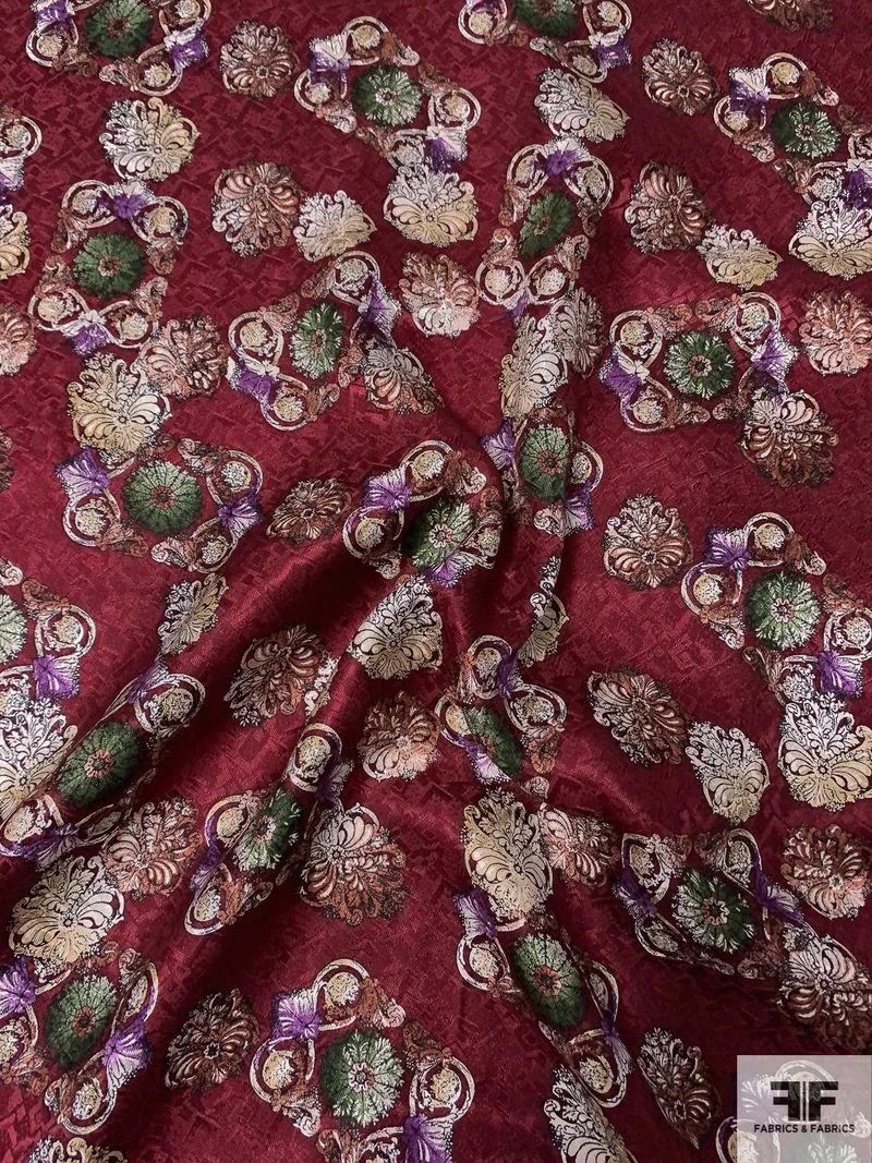Ornate Floral Printed Vintage Silk Jacquard - Maroon / Mossy Green / Brown