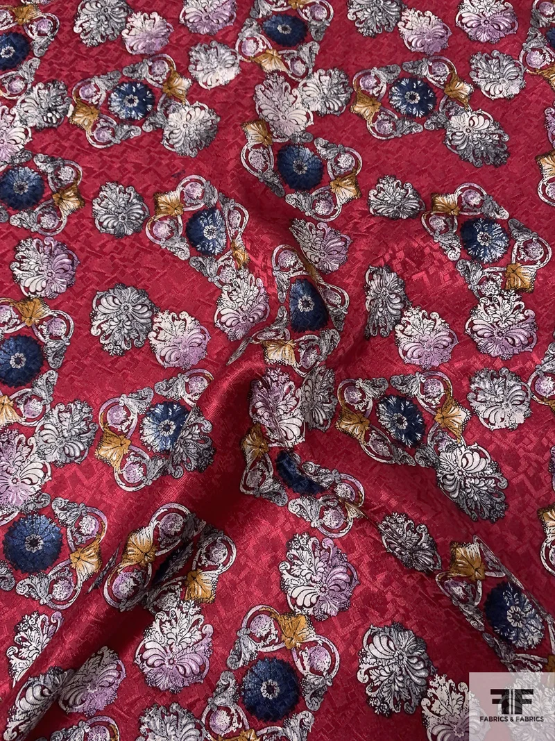 Ornate Floral Printed Vintage Silk Jacquard - Royal Red / Navy / Grey / Lavender