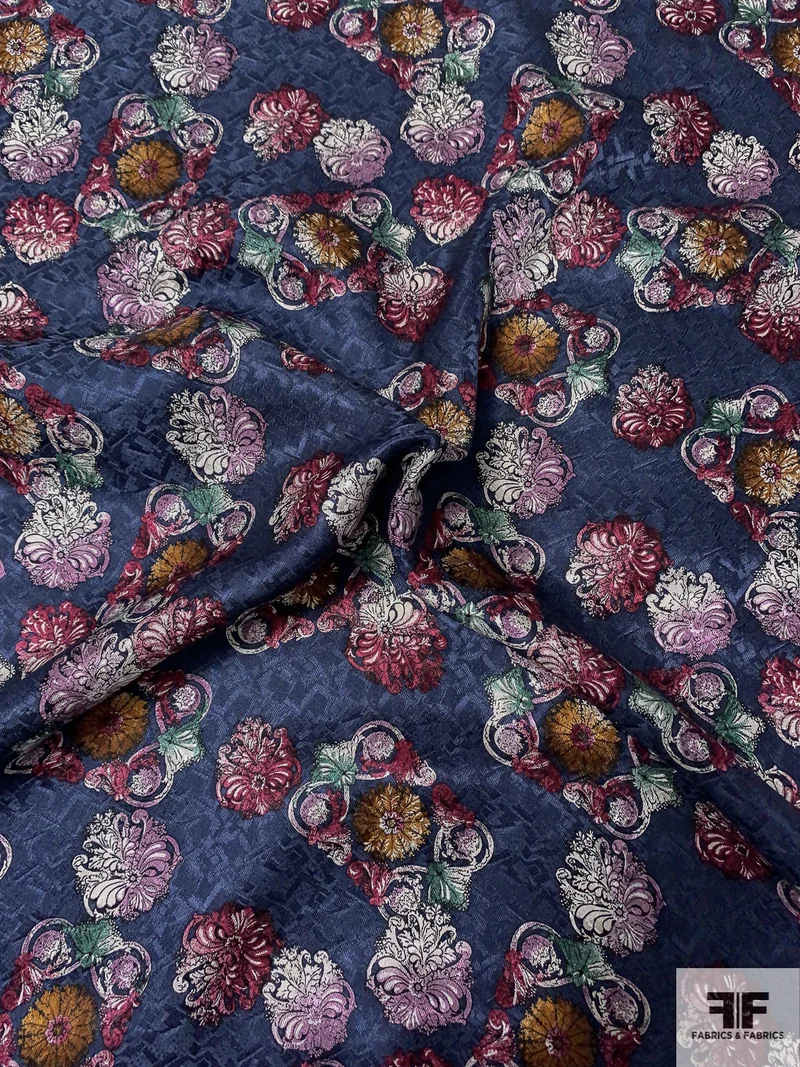 Ornate Floral Printed Vintage Silk Jacquard - Antique Navy / Merlot / Antique Mustard