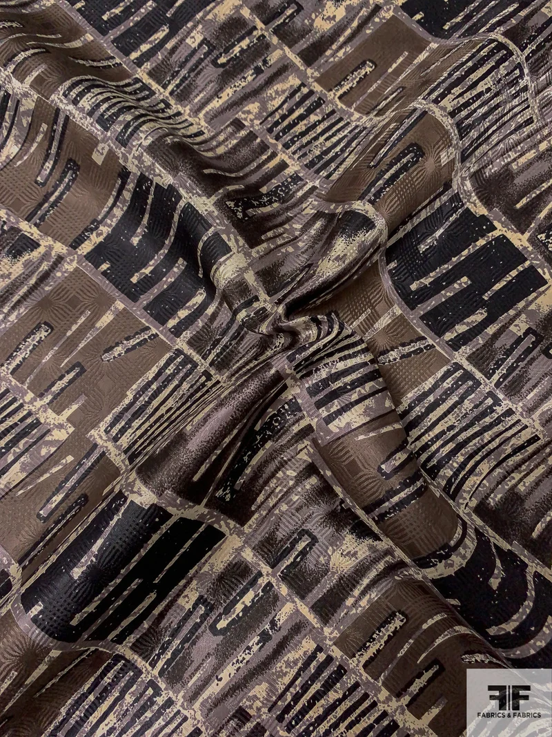 Checkerboard-Like Printed Vintage Silk Jacquard - Chalky Brown / Black / Ivory