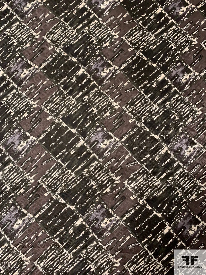 Checkerboard-Like Printed Vintage Silk Jacquard - Carob Brown / Black / Ivory