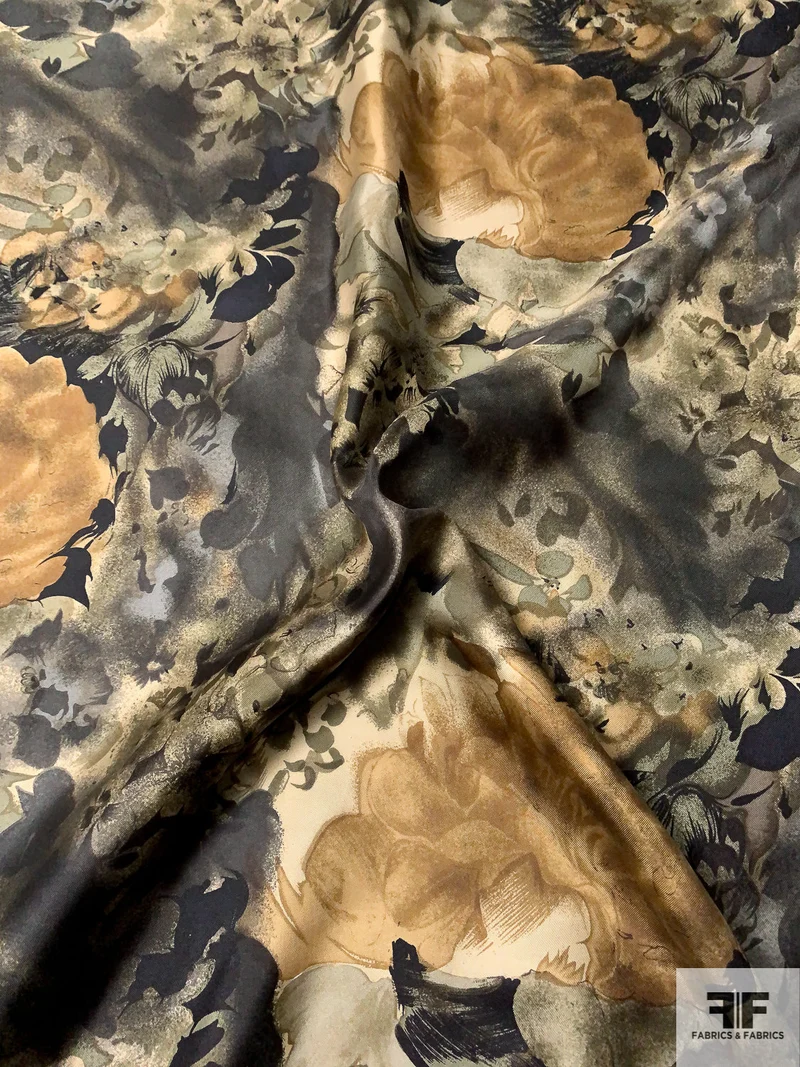Romantic Floral Printed Vintage Fine Silk Twill - Smoky Olive / Black / Rustic Smoky Gold