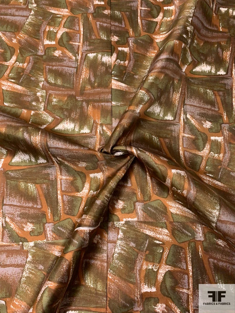 Graphic Shapes Printed Vintage Fine Silk Twill - Caramel / Brown / Olive Green