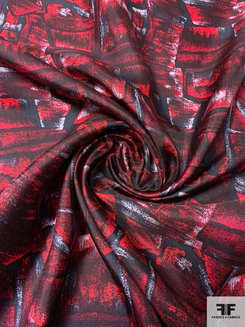 Graphic Shapes Printed Vintage Fine Silk Twill - Red / Black / White