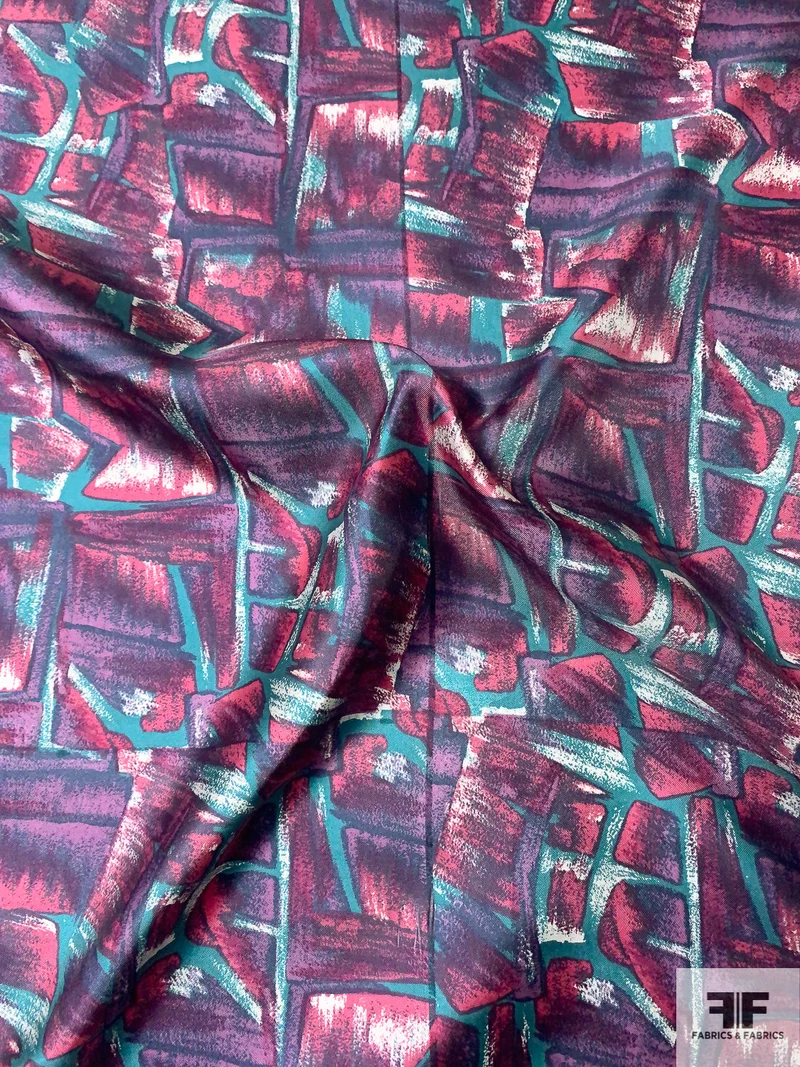 Graphic Shapes Printed Vintage Fine Silk Twill - Purple / Orchid Pink / Turquoise