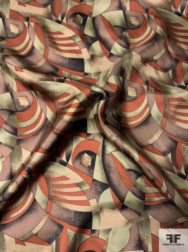 Rustic Art Deco Printed Vintage Fine Silk Twill - Shades of Brown / Dusty Olive / Black