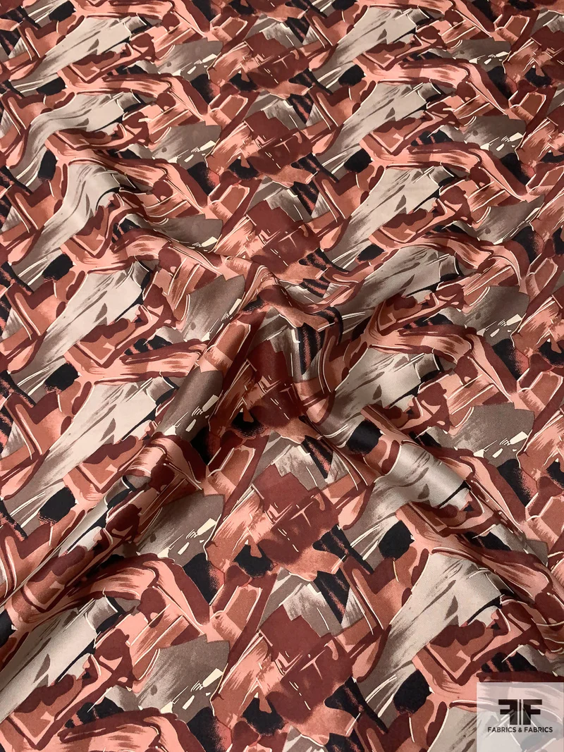 Abstract Graphic Printed Vintage Fine Silk Twill - Shades of Brown / Peach / Black