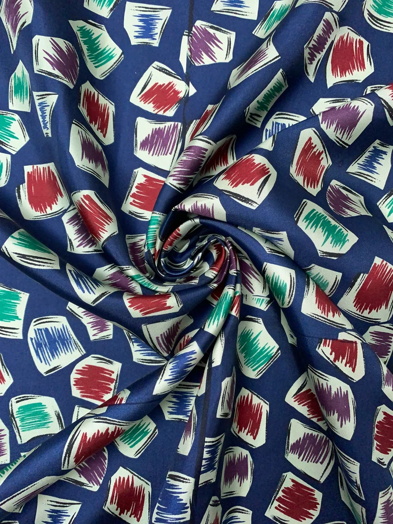 Playful Geometric Printed Vintage Fine Silk Twill Panel - Navy Blue / Purple / Green / Dark Red