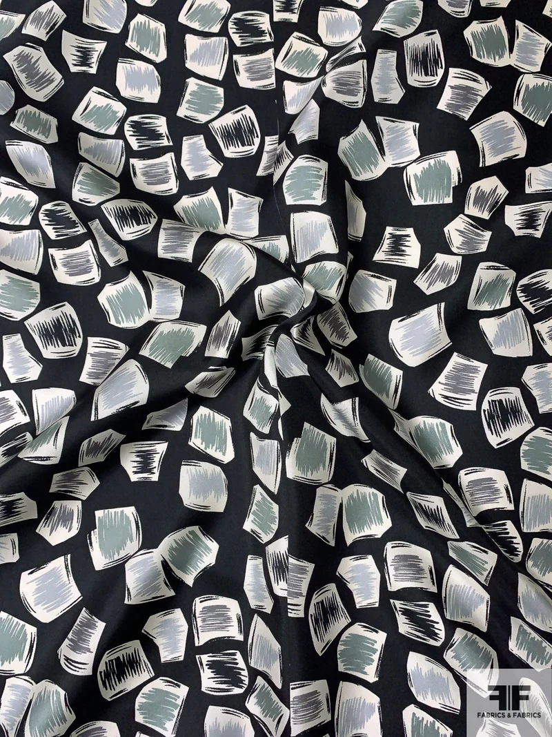Playful Geometric Printed Vintage Fine Silk Twill - Off-White / Black / Grey