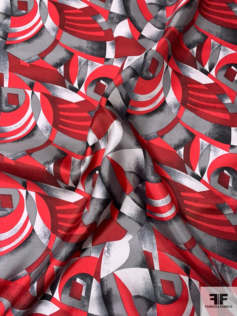 Optical Art Deco Printed Vintage Silk Twill - Shades of Red / Grey / Black