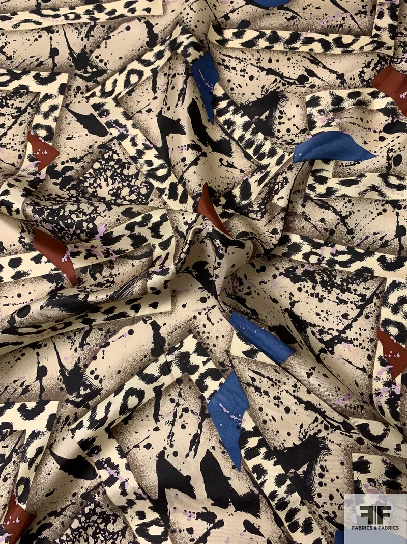 Box Shapes and Splatter Printed Vintage Silk Twill - Sand / Black / Cream / Lilac / Blue