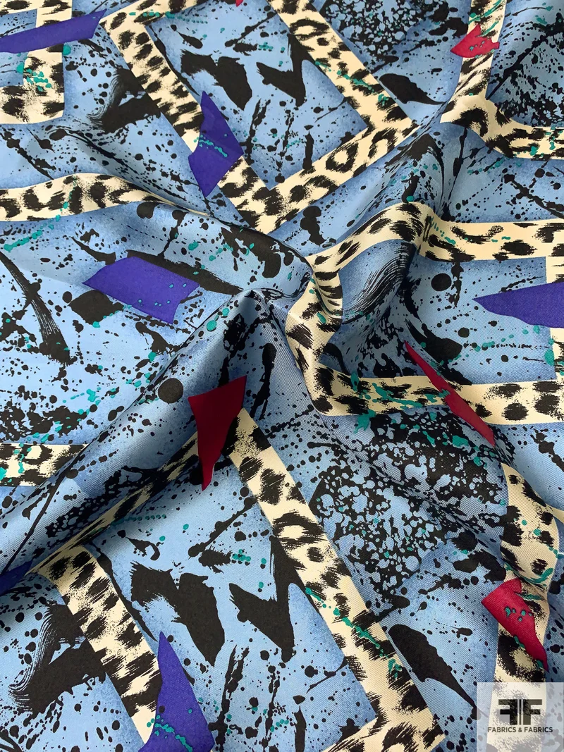 Box Shapes and Splatter Printed Vintage Silk Twill - Dusty Sky Blue / Black / Cream / Merlot