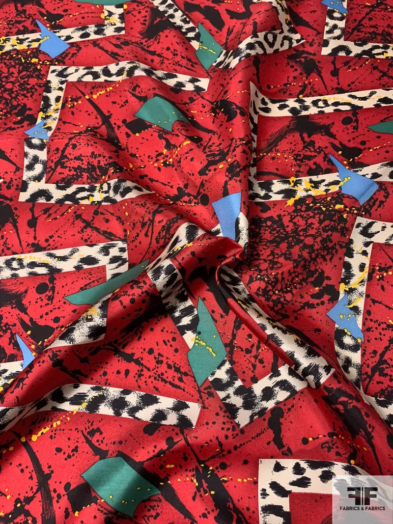 Box Shapes and Splatter Printed Vintage Silk Twill - Red / Black / Cream / Blue / Jade