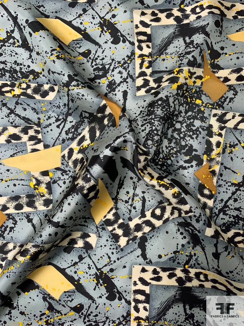 Box Shapes and Splatter Printed Vintage Silk Twill - Grey / Black / Cream / Caramel