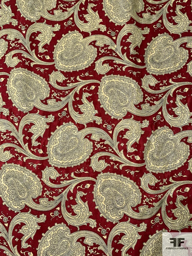 Paisley Blossoms Printed Vintage Silk Jacquard - Wine Red / Lightest Gold