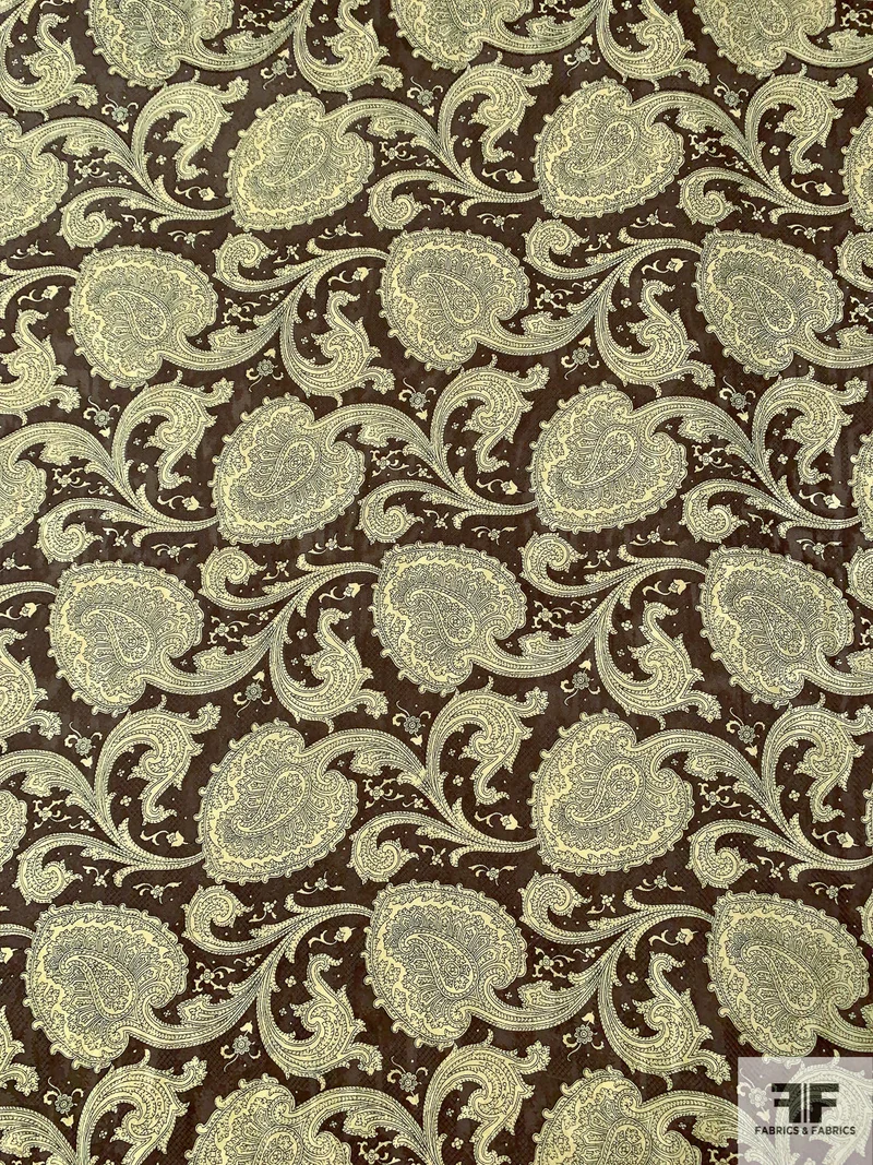 Paisley Blossoms Printed Vintage Silk Jacquard - Darkest Taupe / Lightest Gold