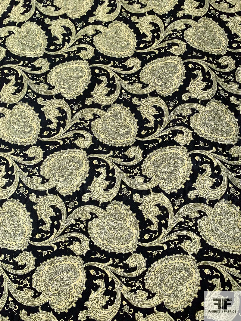 Paisley Blossoms Printed Vintage Silk Jacquard - Black / Lightest Gold