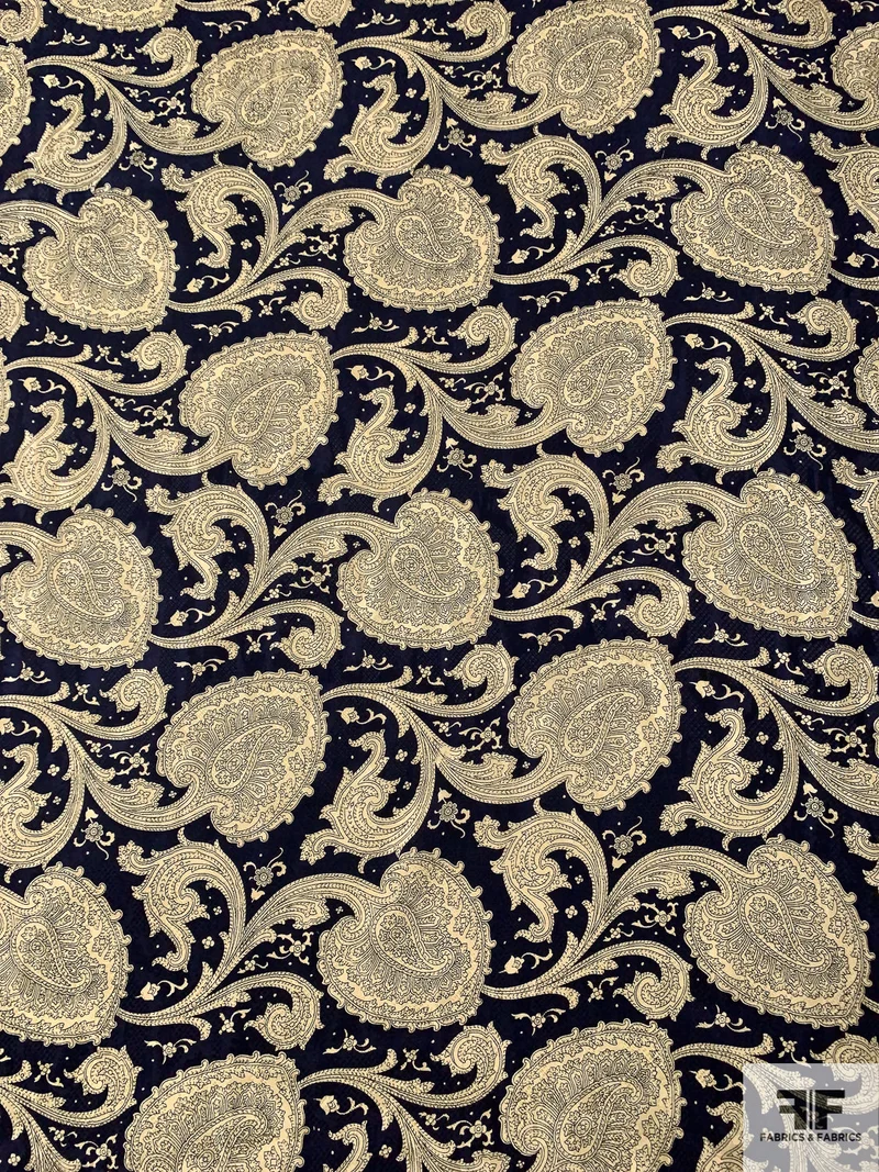Paisley Blossoms Printed Vintage Silk Jacquard - Navy / Lightest Gold
