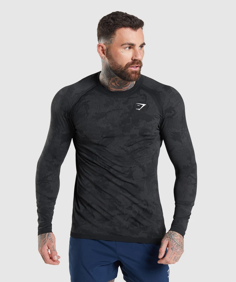 Gymshark Geo Seamless Long Sleeve T-Shirt - Black/Charcoal Grey