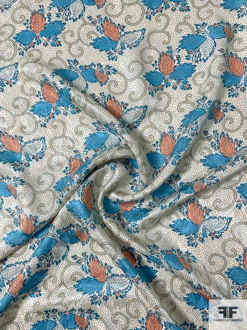 Paisley Leaf and Pin Dot Printed Silk Jacquard - Turquoise Blue / Salmon / Ecru