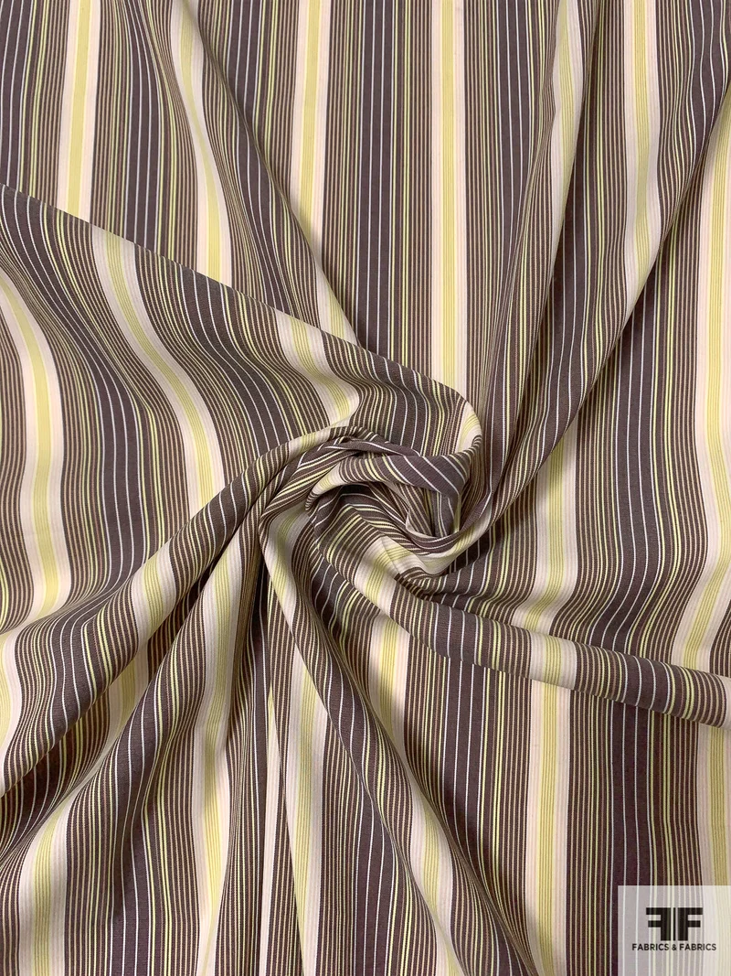 Vertical Striped Stretch Cotton Shirting - Ashy Brown / Chartreuse / Light Pink