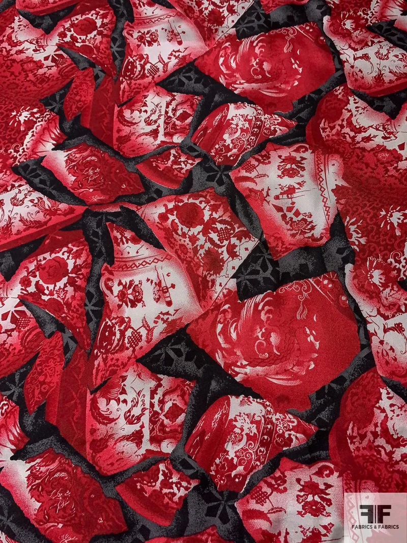 Romanticly Dark Collage Printed Fine Silk Twill - Rich Red / Grey / Black / Light Grey