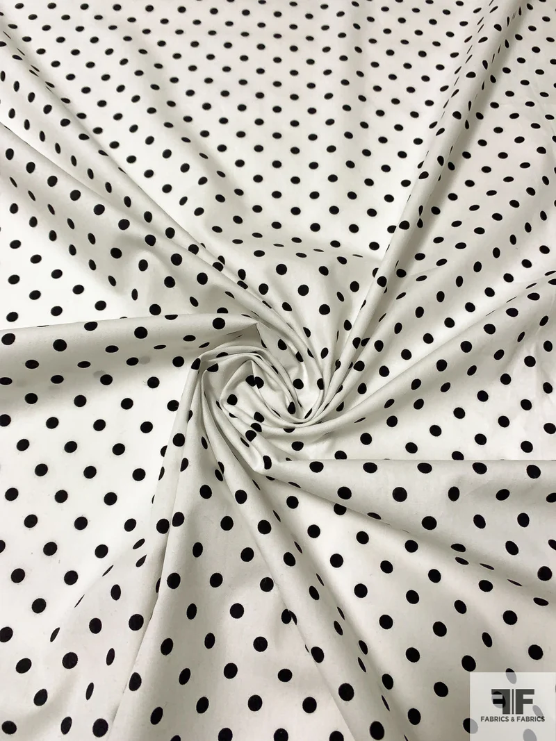 Small Polka Dot Printed Cotton Shirting - Off-White / Black