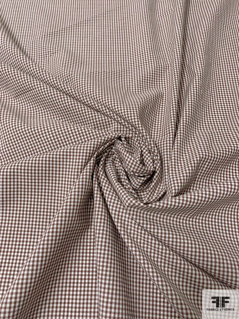 Mini Gingham Check Cotton Shirting - Brown / White