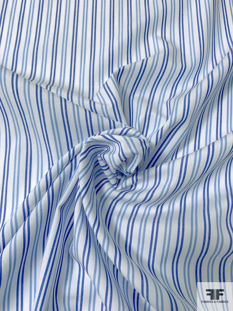 Vertical Duo Striped Cotton Shirting - Carolina Blue / Sapphire Blue / White