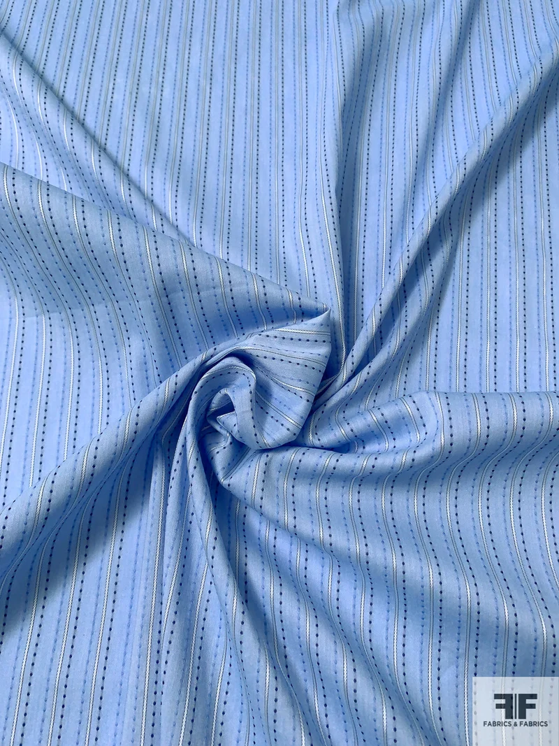 Finely Stitched Vertical Striped Stretch Cotton Shirting - Carolina Blue / Navy