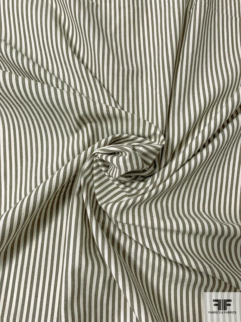 Vertical Railroad Striped Laundered Cotton Shirting - Olive-Grey / Off-White