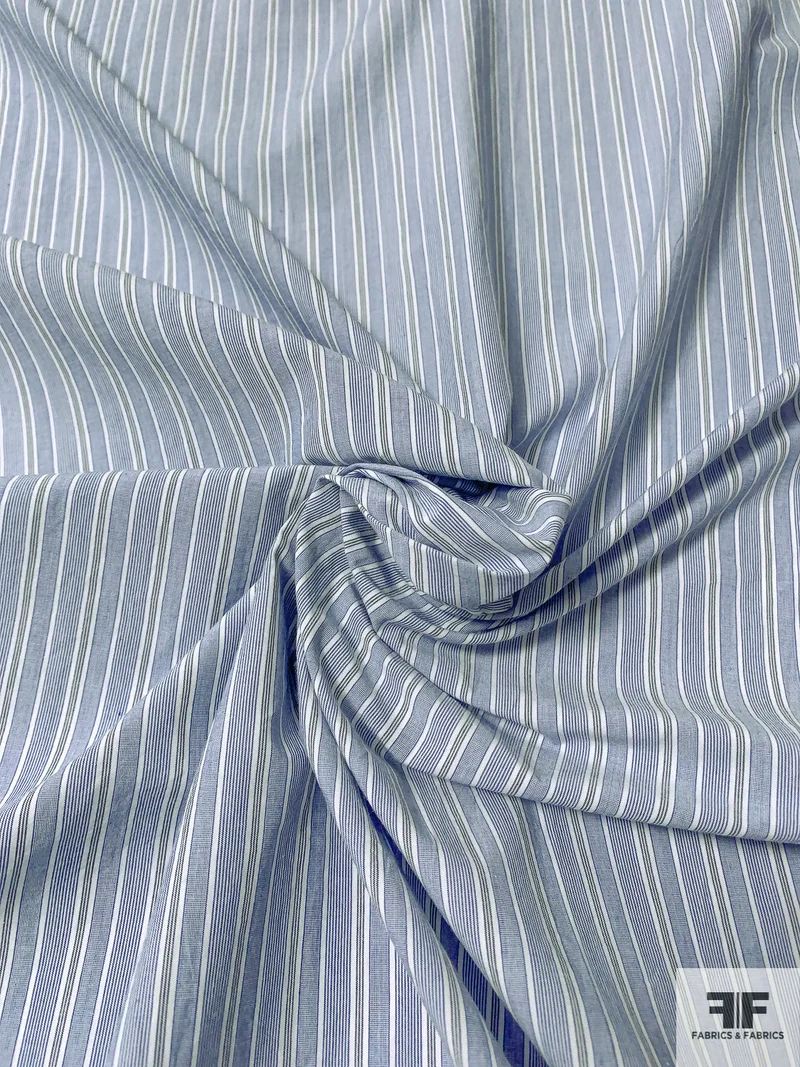Vertical Multisize Striped Laundered Cotton Shirting - Blue / Off-White