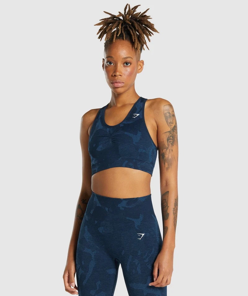 Gymshark Adapt Camo Seamless Racer Back Sports Bra - Savanna | Navy