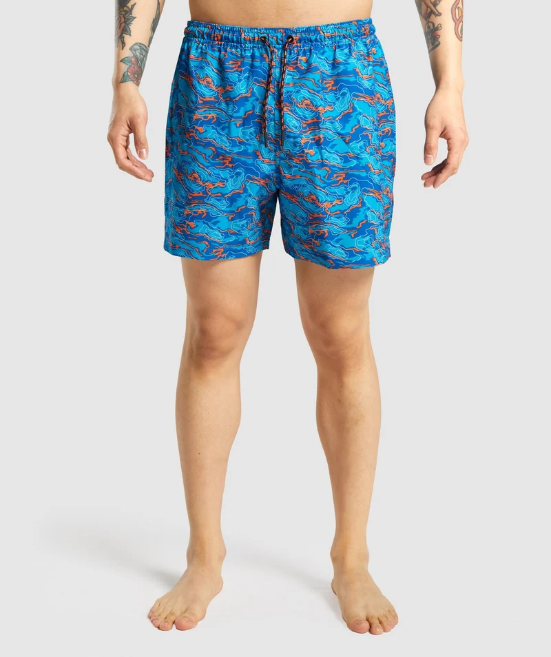 Gymshark 5" Swim Shorts - Blue/Orange Print