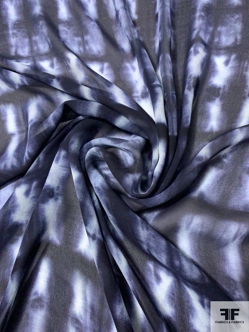 Tie-Dye Printed Rayon Chiffon-Georgette - Navy / Off-White