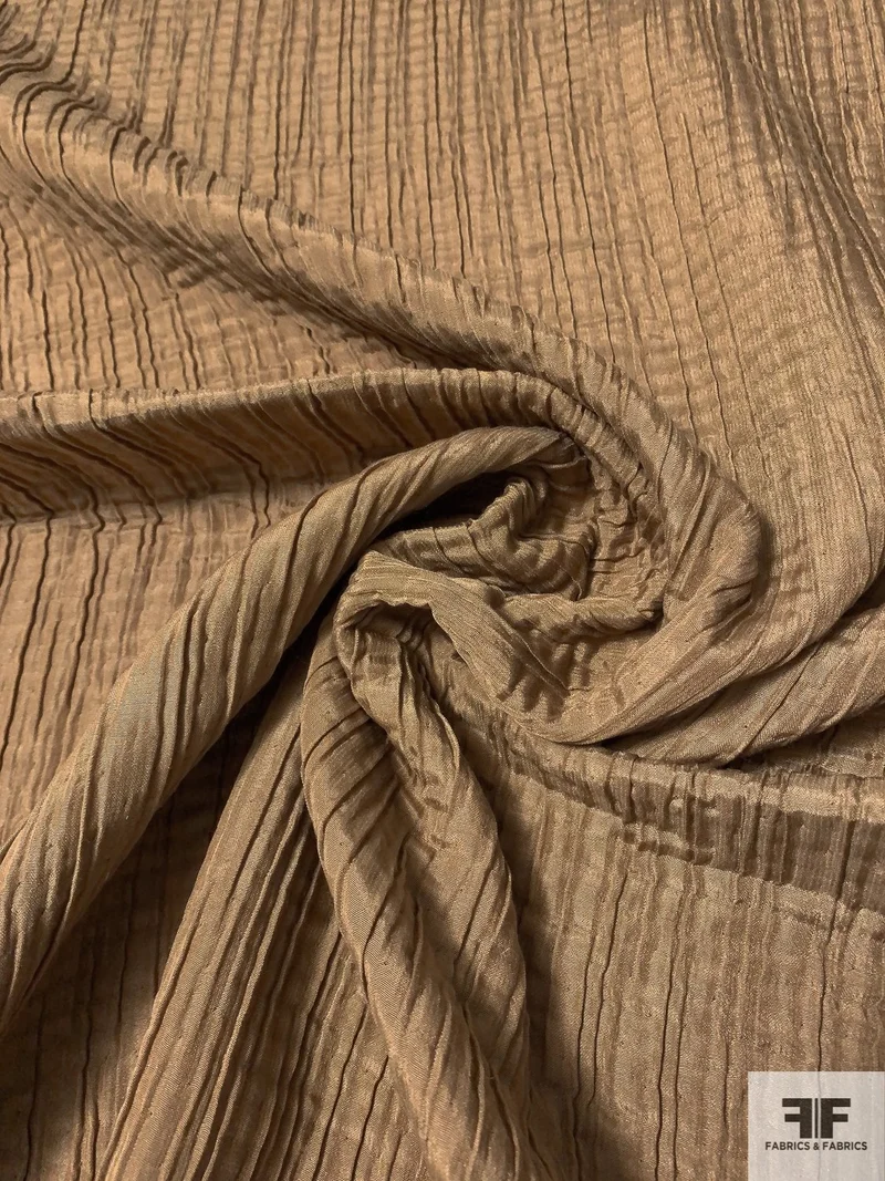 Italian Double Layered and Yarn 'Padded' Crinkled and Stitched Polyester Novelty - Tan