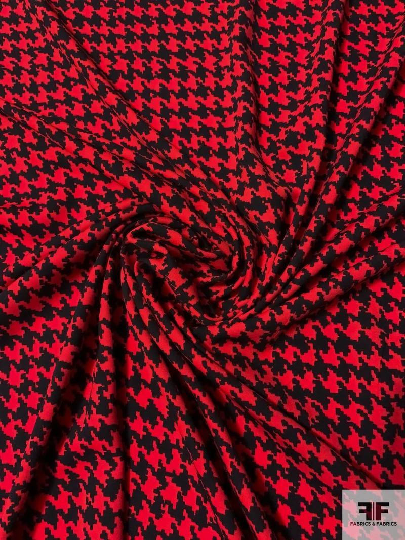 Houndstooth Printed Lightweight Polyester Gabardine - Red / Black