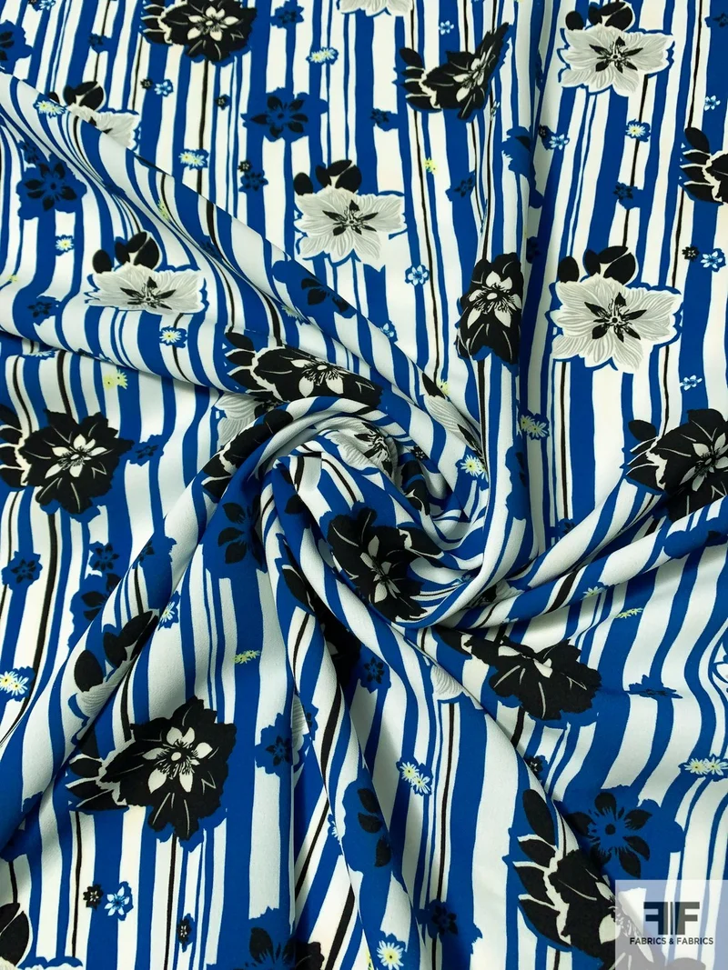 Vertical Striped and Floral Printed Polyester Crepe - Blue / White / Black